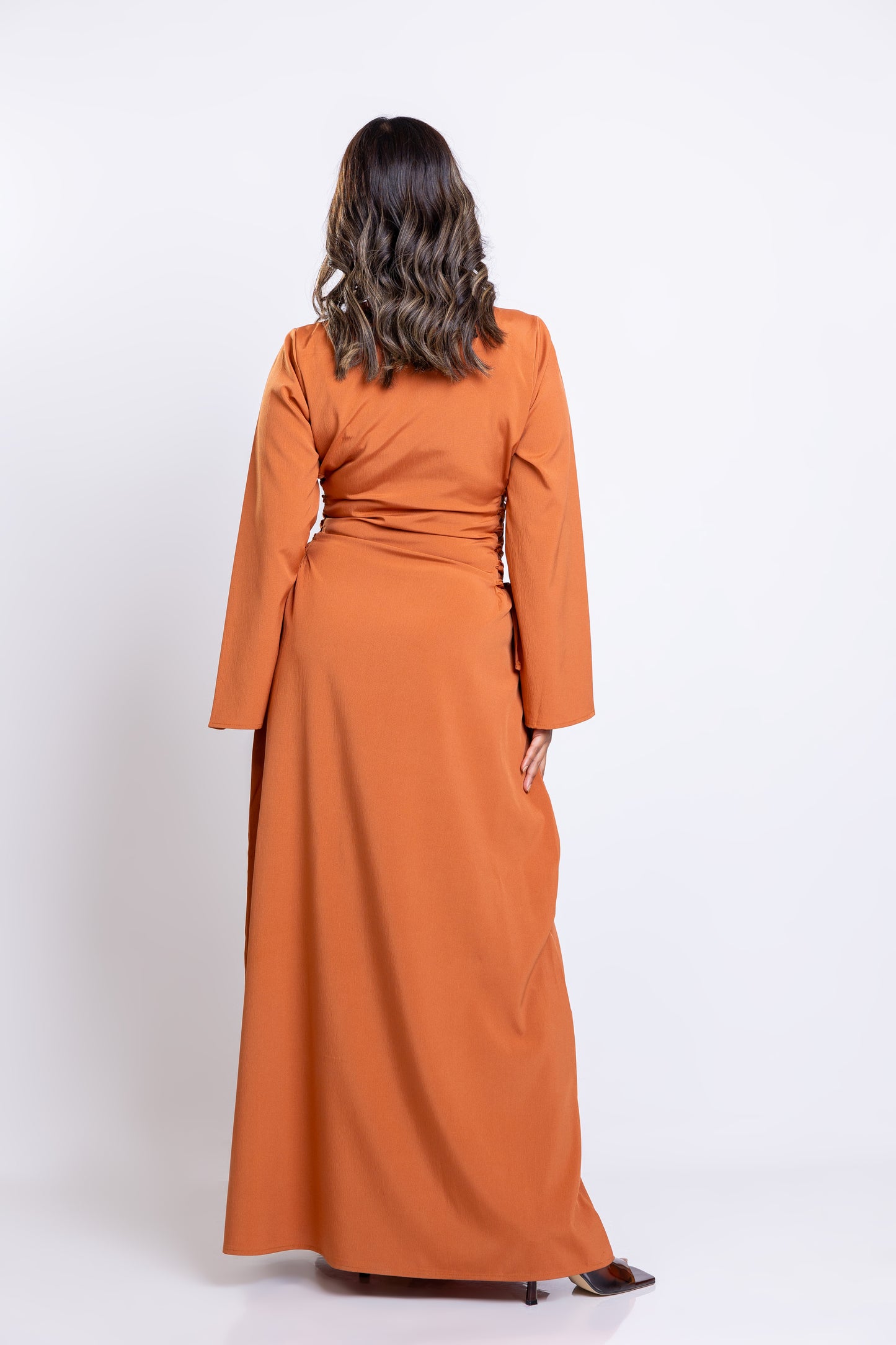 Rust crepe side-lace maxi dress