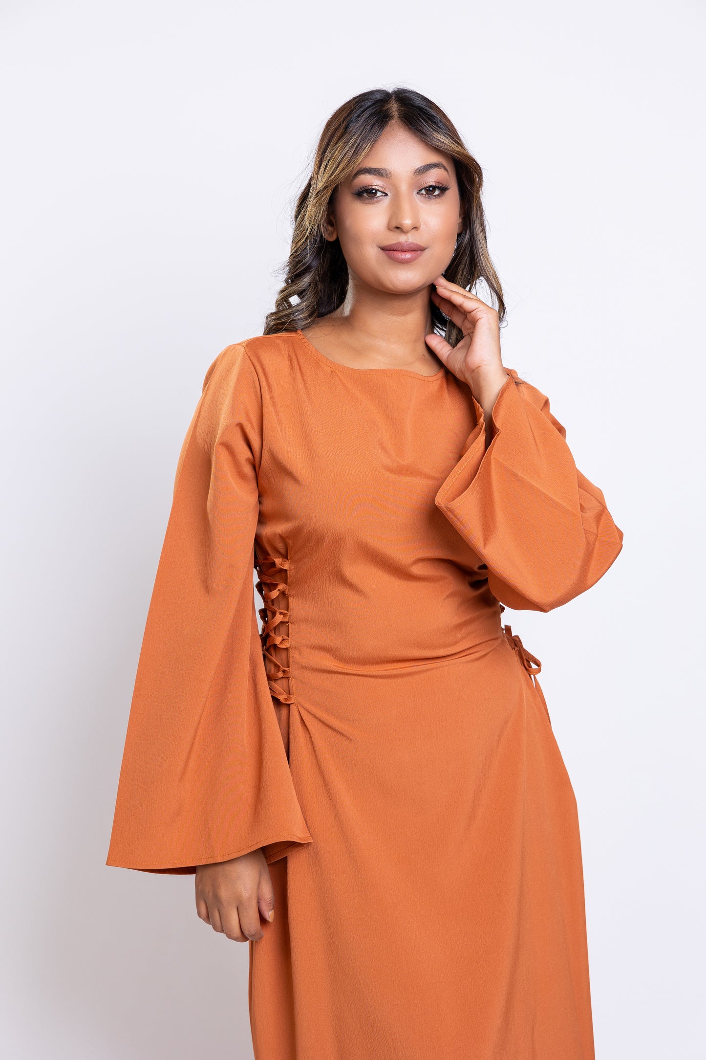 Rust crepe side-lace maxi dress