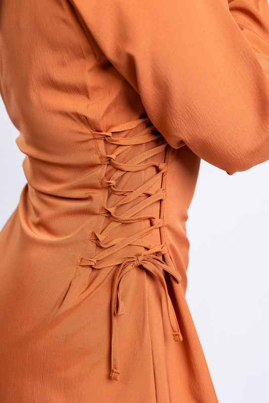 Rust crepe side-lace maxi dress