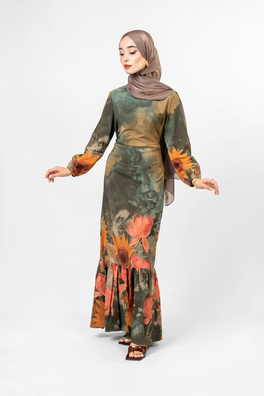 Georgette sunflower print dress