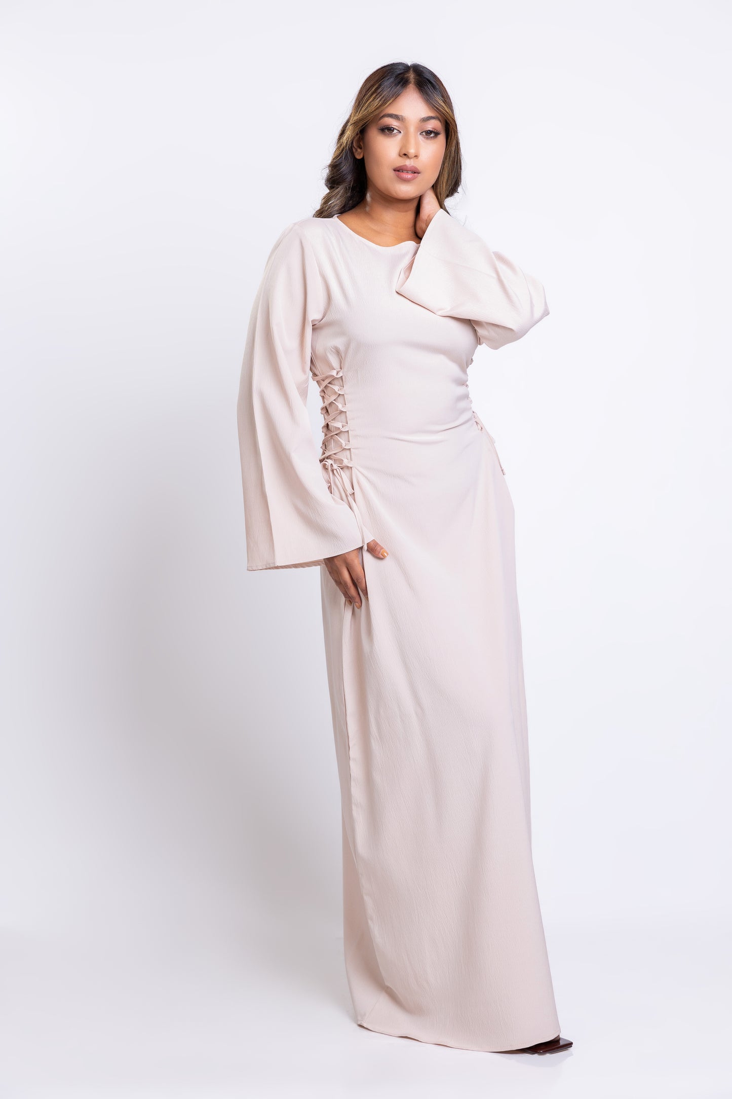 Cream crepe side-lace maxi dress