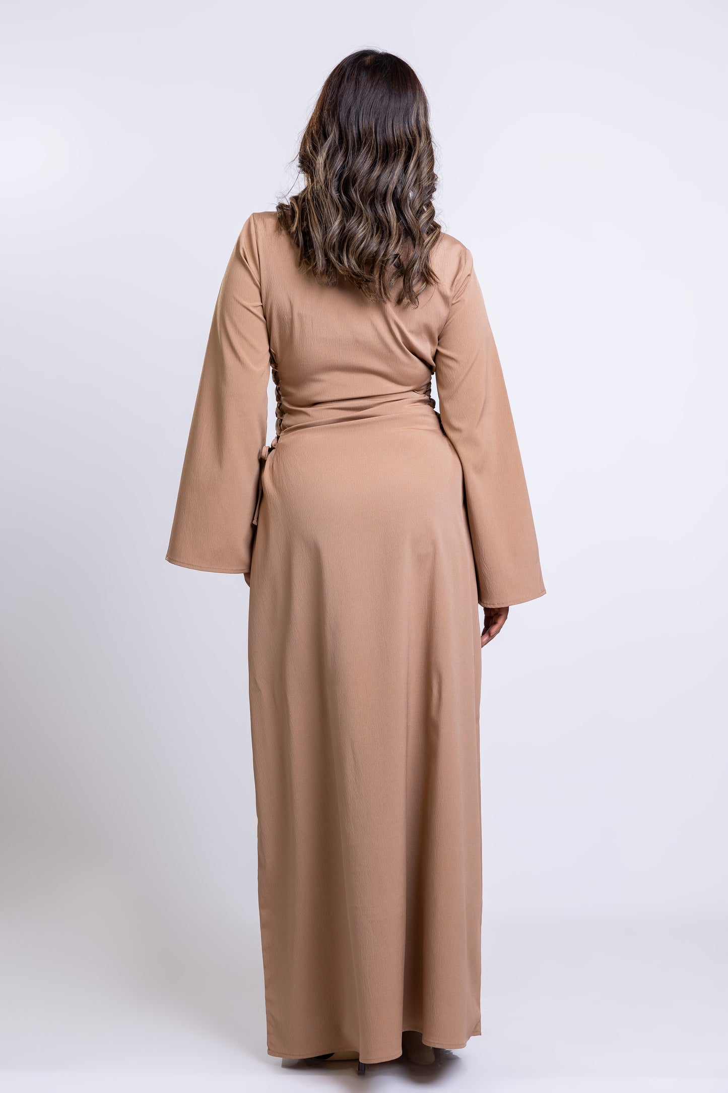 Coffee crepe side-lace maxi dress