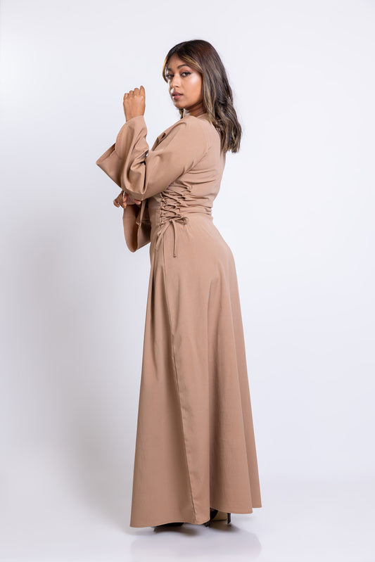 Coffee crepe side-lace maxi dress