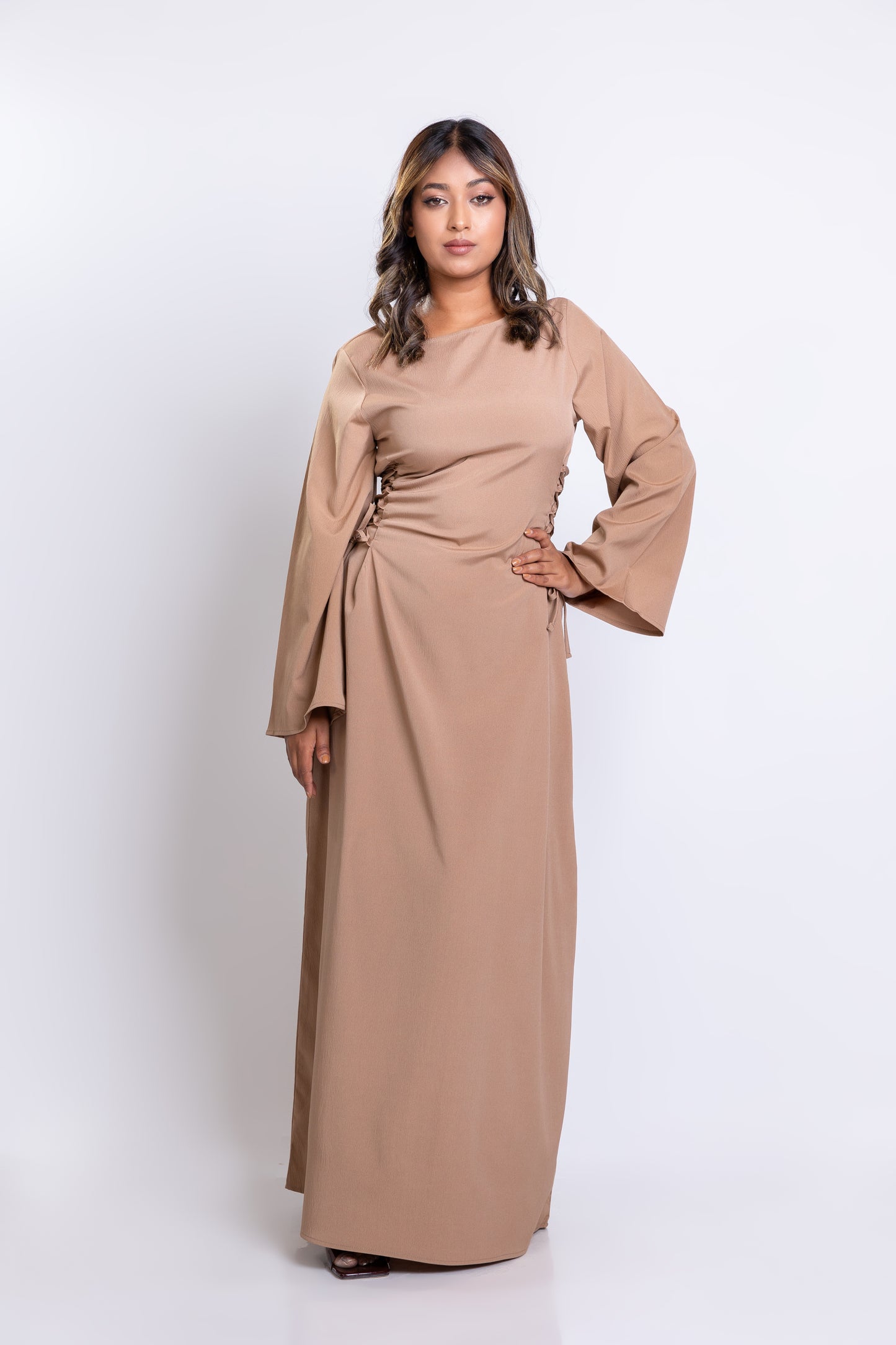 Coffee crepe side-lace maxi dress