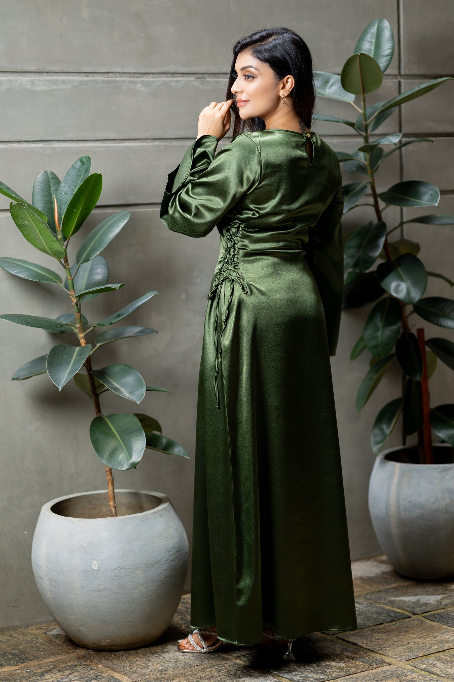 Green side-lace maxi dress