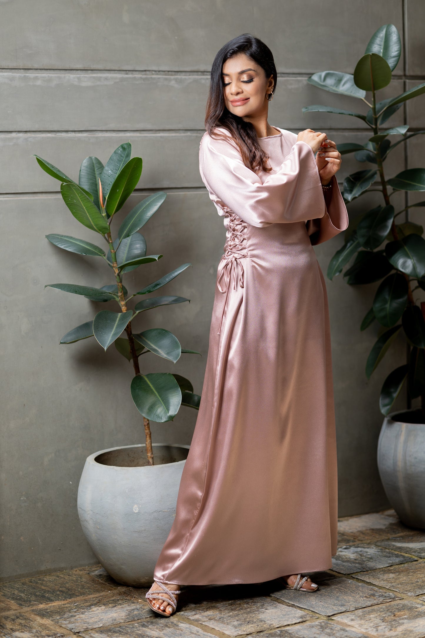 Dusty pink side-lace maxi dress