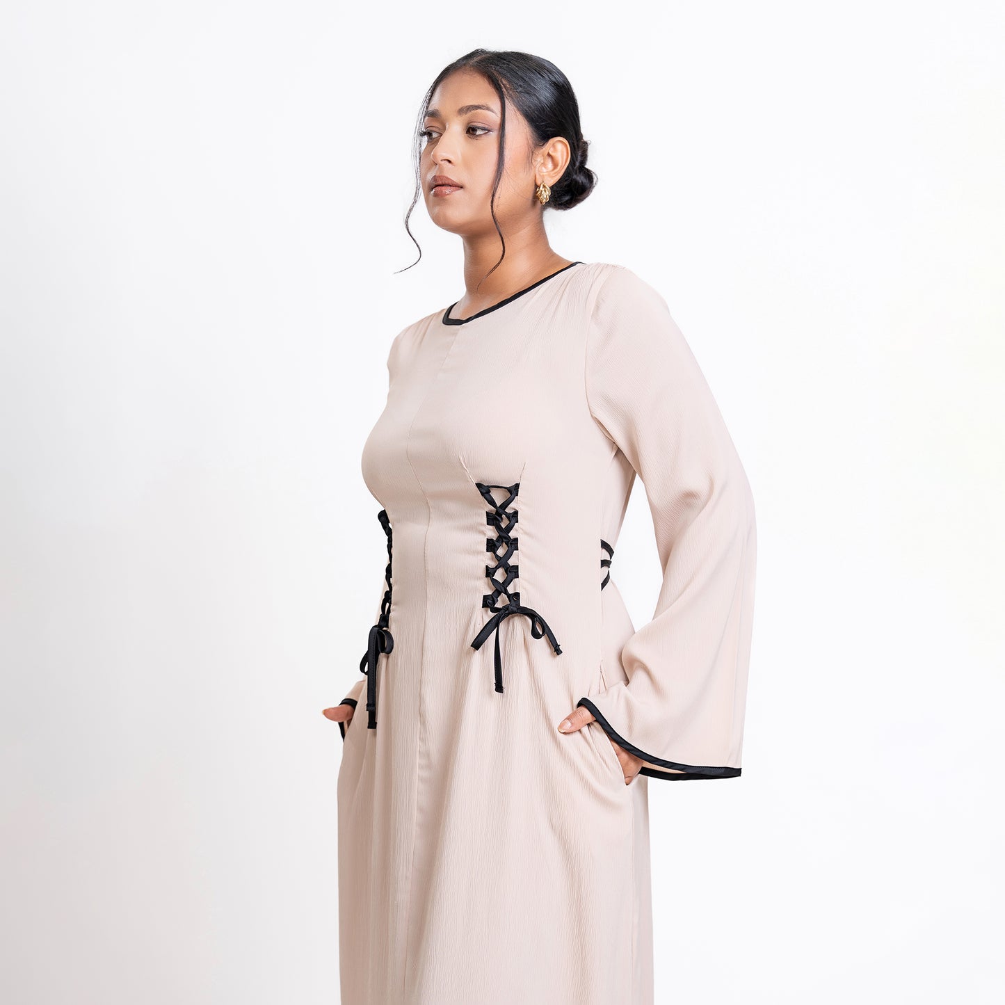 Cream and Black detail Front-lace dress