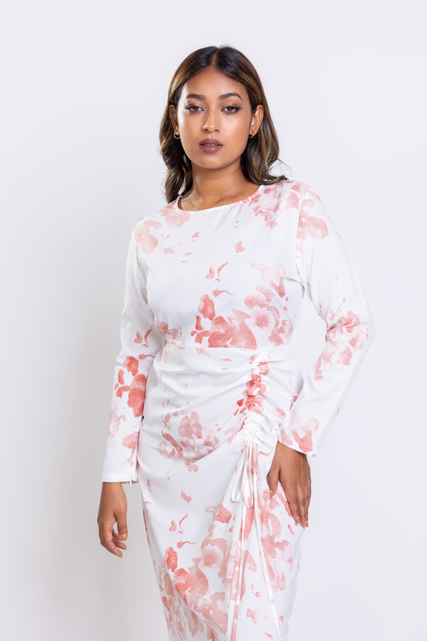 Pink and white printed ruched dress