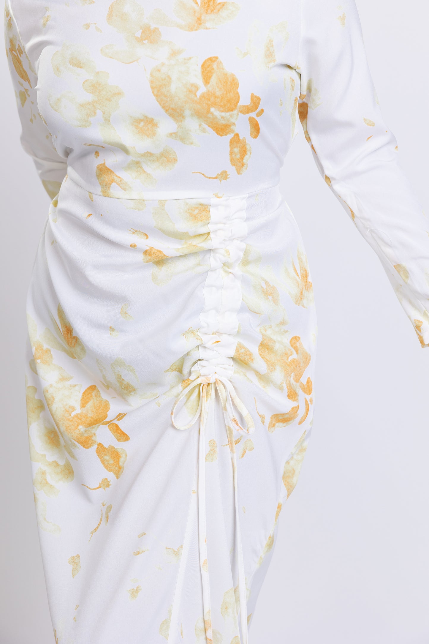 Yellow and white printed ruched dress