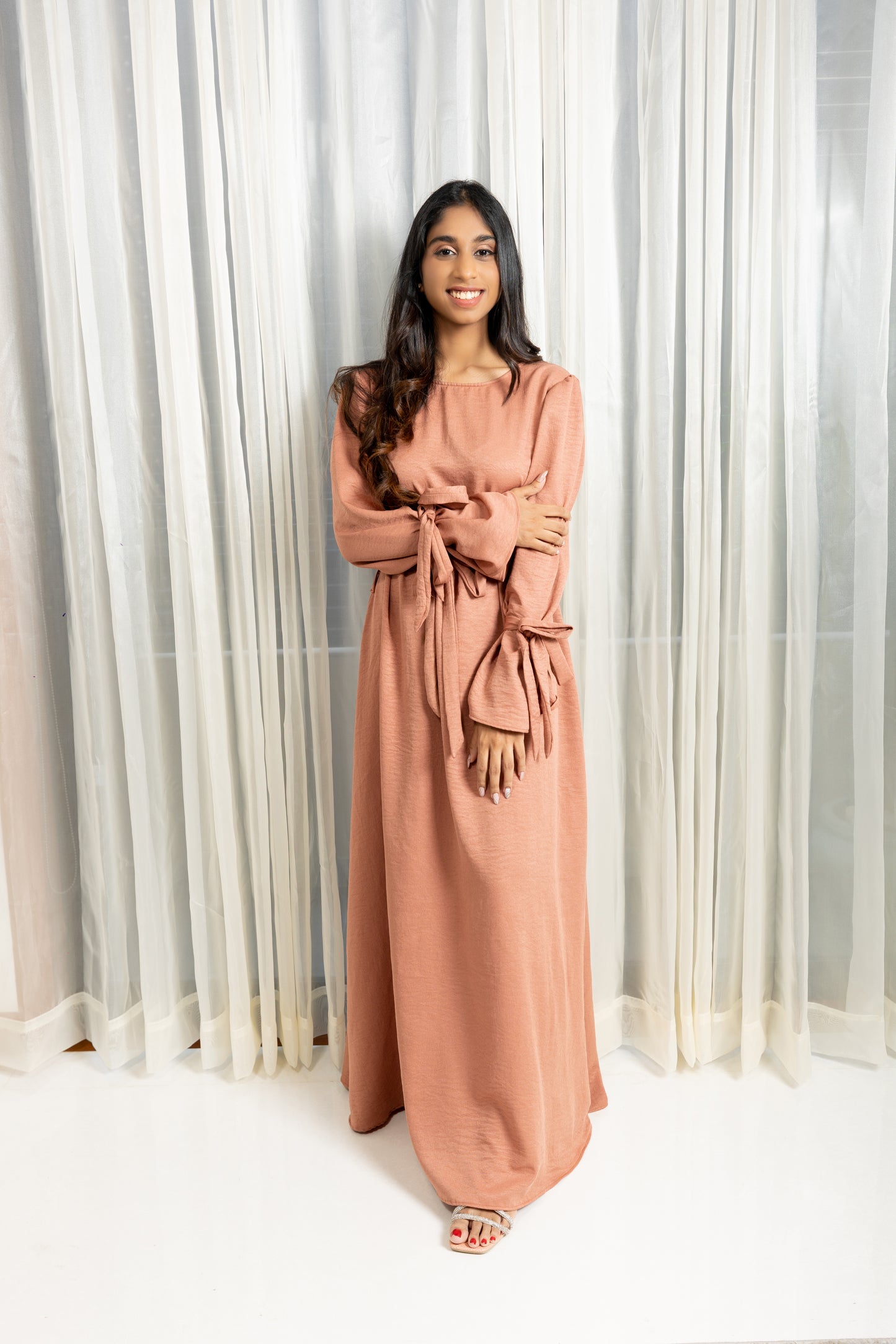 Pink tie-sleeve maxi dress