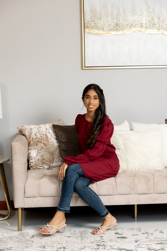 Maroon tiered-sleeve top